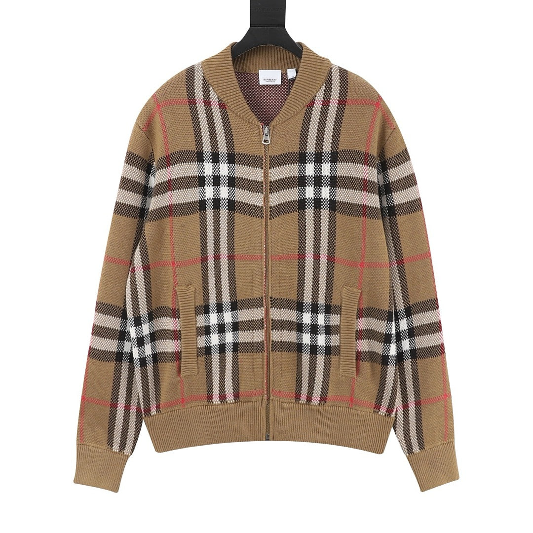 Burberry Camel Check Zip-Up Knit Cardigan