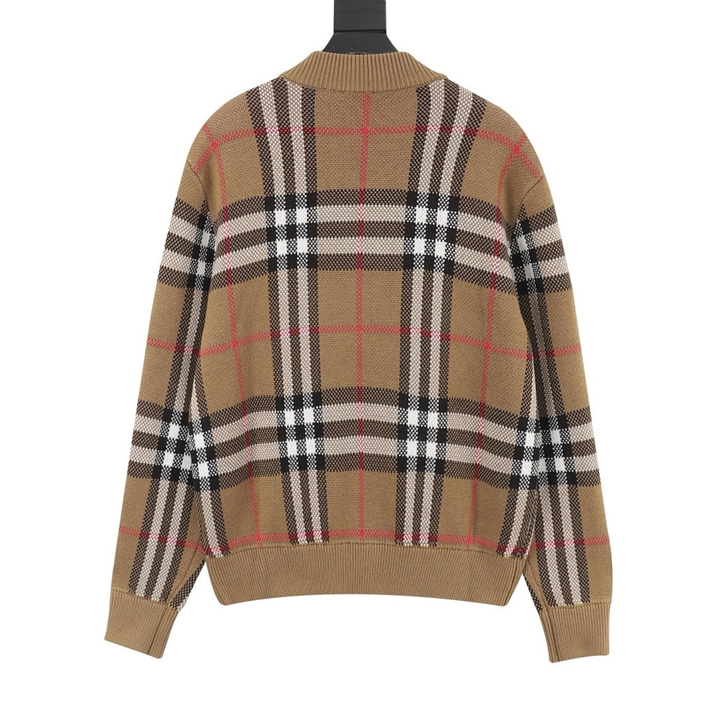 Burberry Camel Check Zip-Up Knit Cardigan