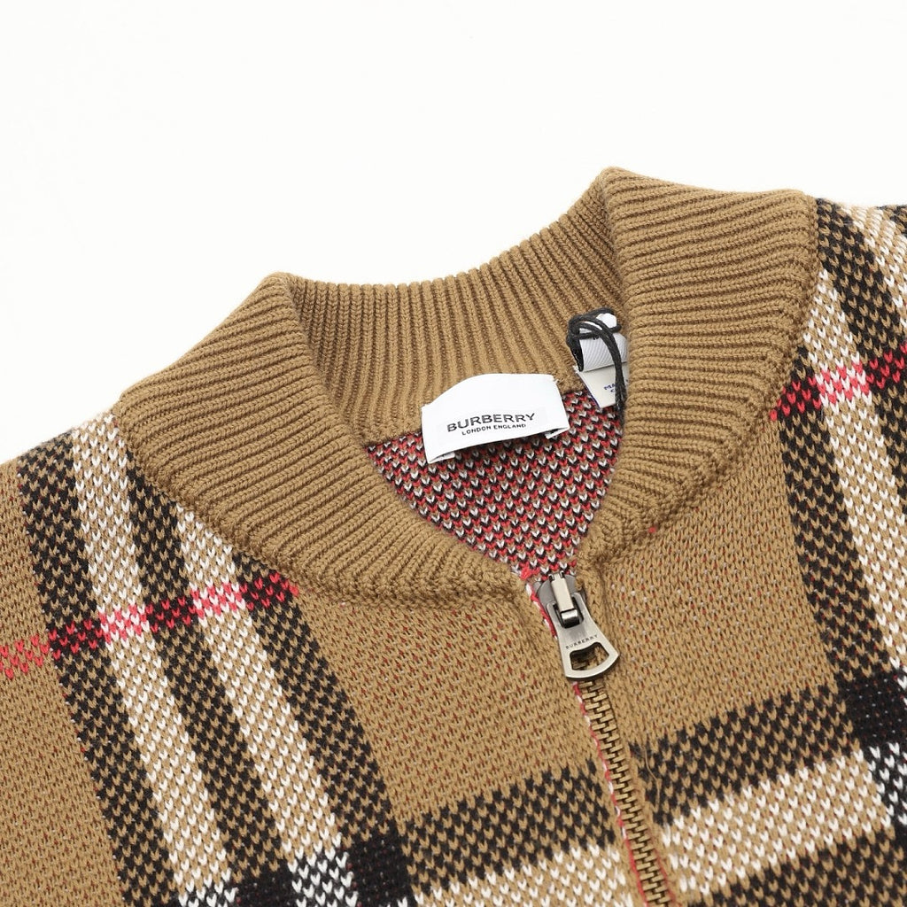 Burberry Camel Check Zip-Up Knit Cardigan