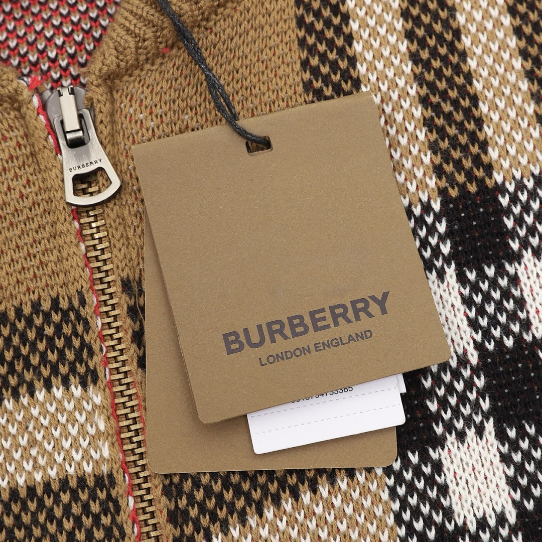 Burberry Camel Check Zip-Up Knit Cardigan