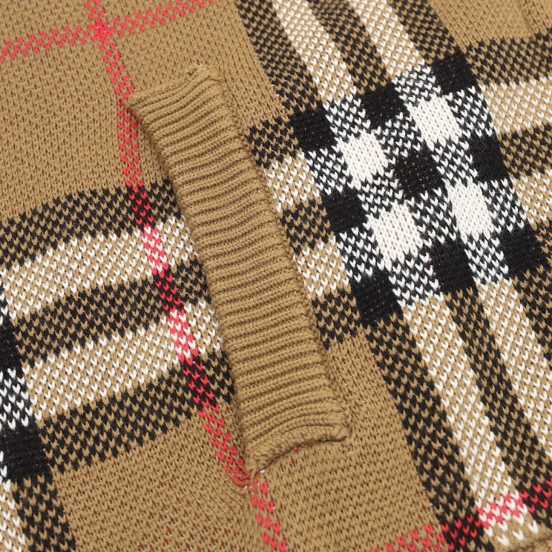 Burberry Camel Check Zip-Up Knit Cardigan