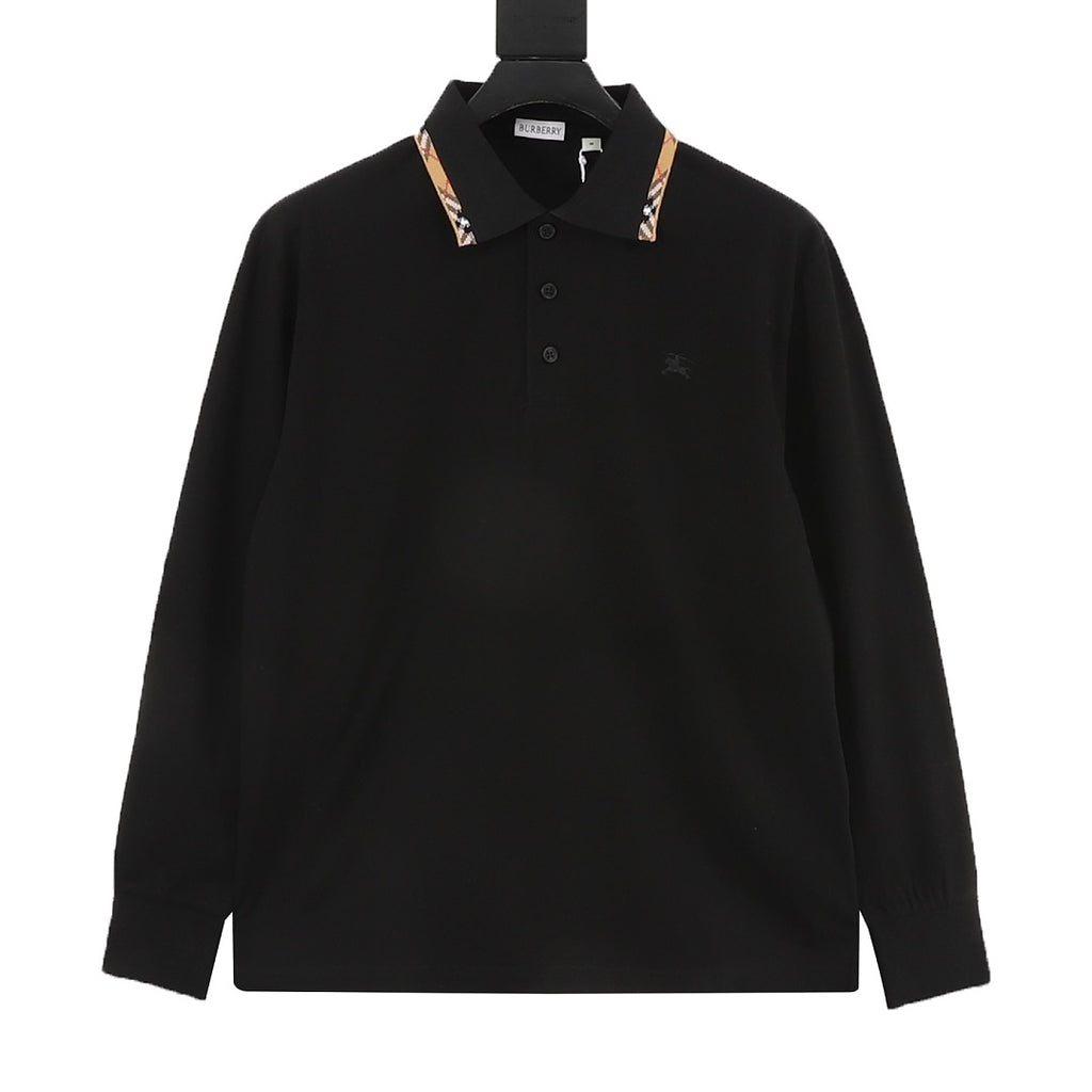 Burberry Black Check-Trim Long-Sleeve Polo Shirt