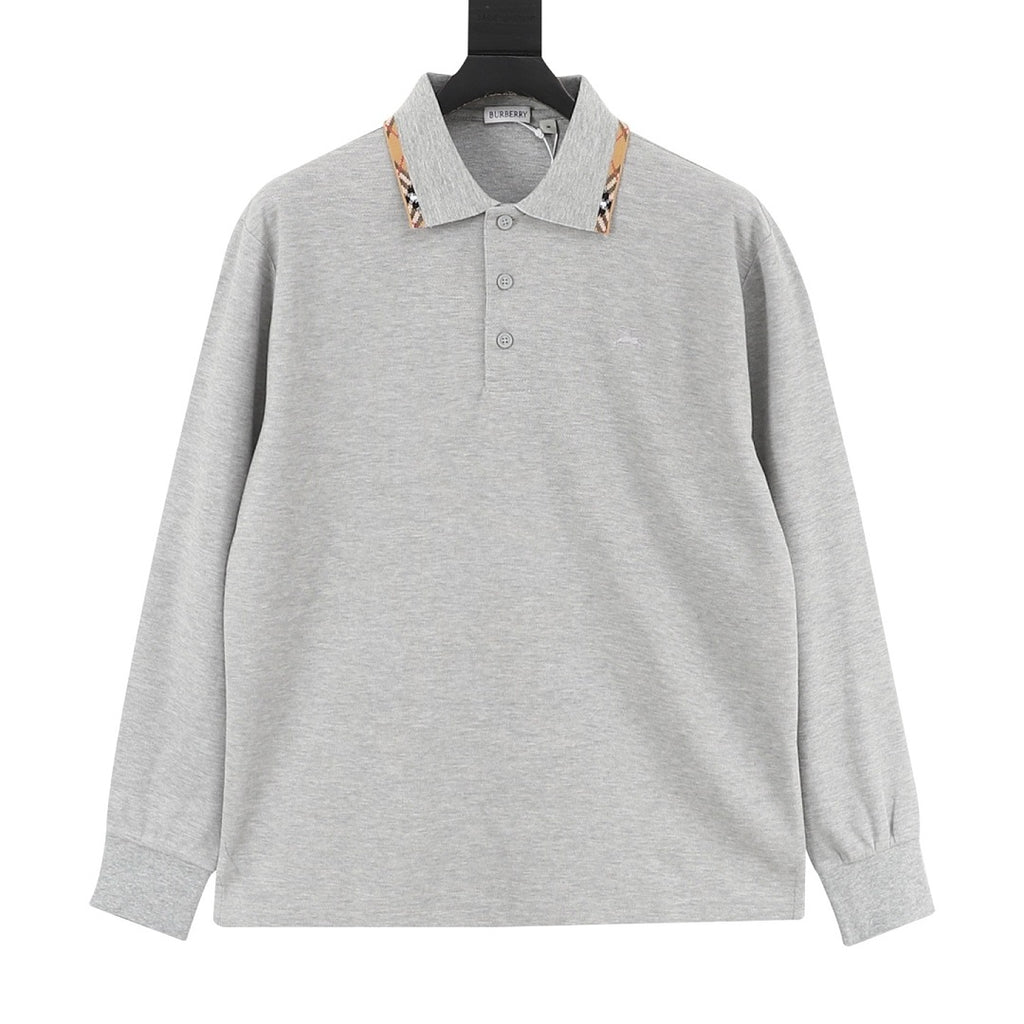 Burberry Heather Grey Check-Trim Long-Sleeve Polo Shirt