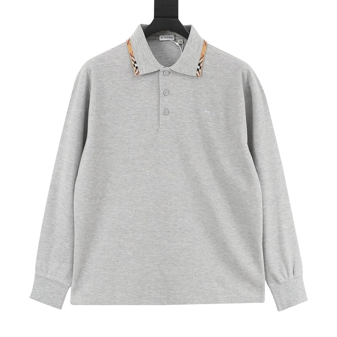 Burberry Heather Grey Check-Trim Long-Sleeve Polo Shirt