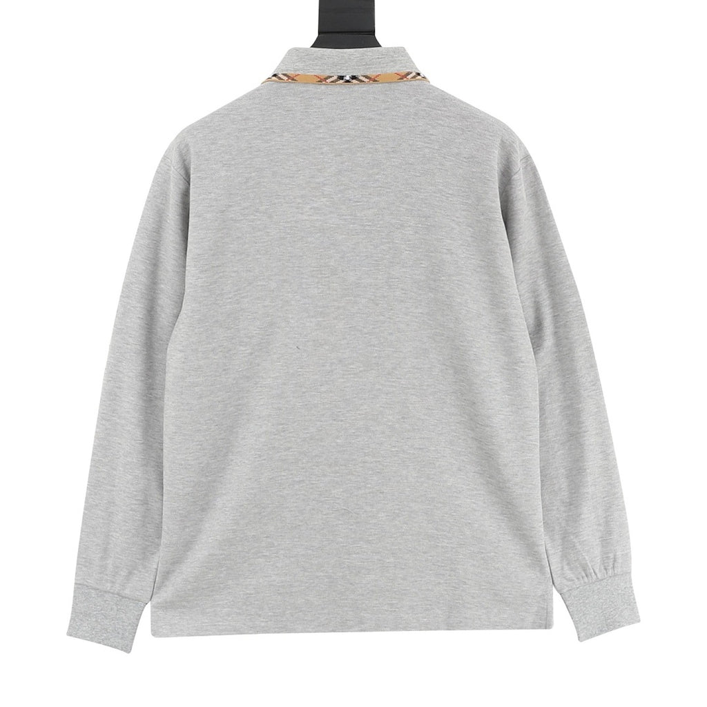 Burberry Heather Grey Check-Trim Long-Sleeve Polo Shirt