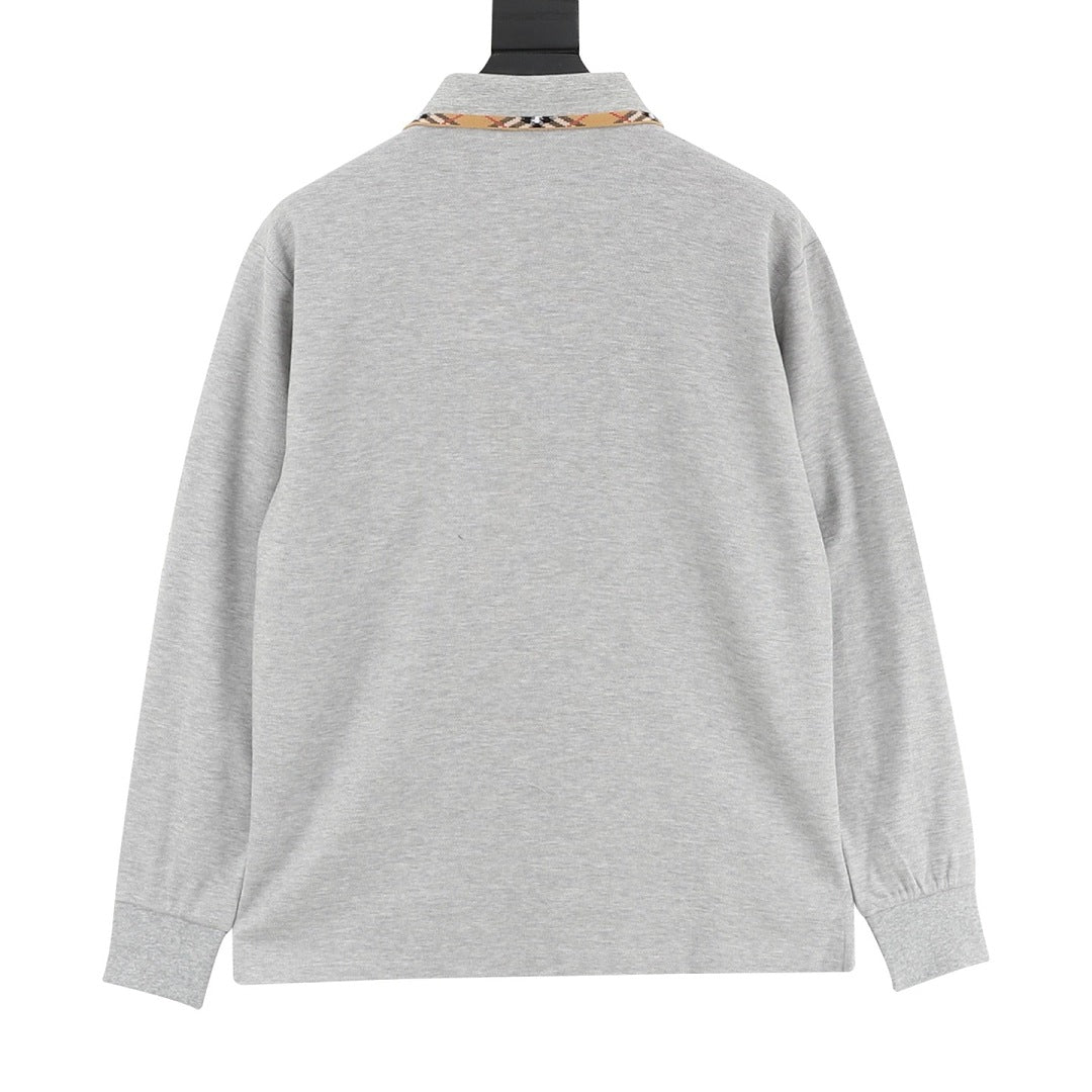 Burberry Heather Grey Check-Trim Long-Sleeve Polo Shirt