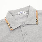 Burberry Heather Grey Check-Trim Long-Sleeve Polo Shirt
