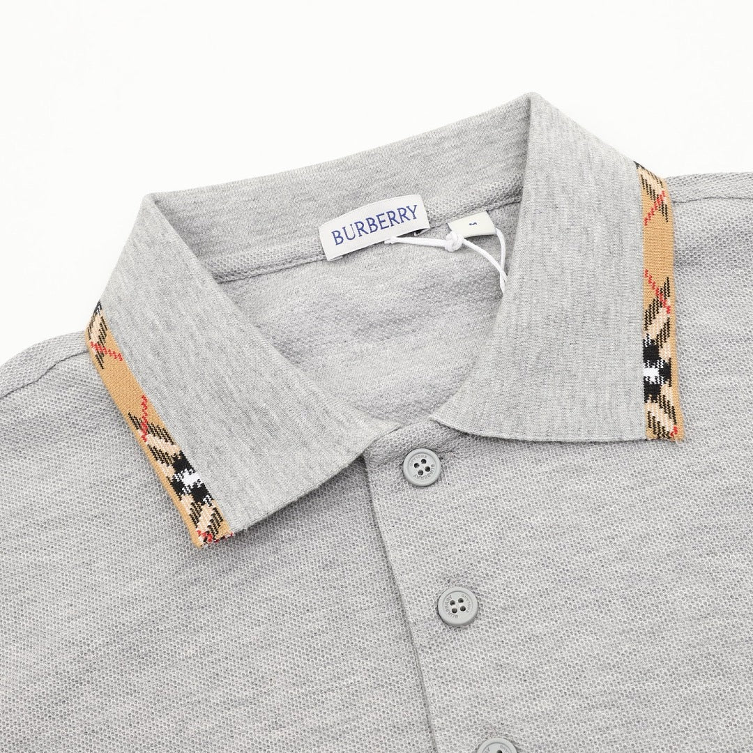 Burberry Heather Grey Check-Trim Long-Sleeve Polo Shirt