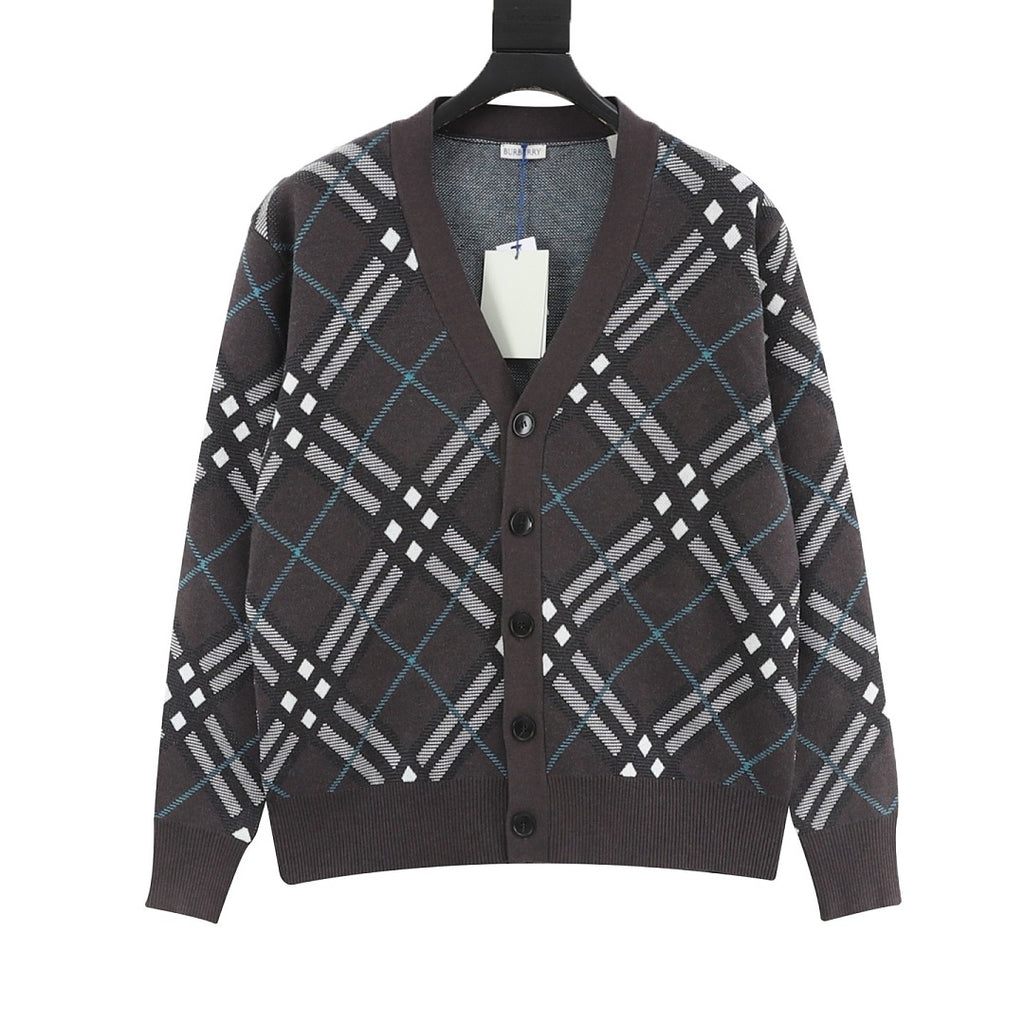 Burberry Charcoal Check V-Neck Knit Cardigan