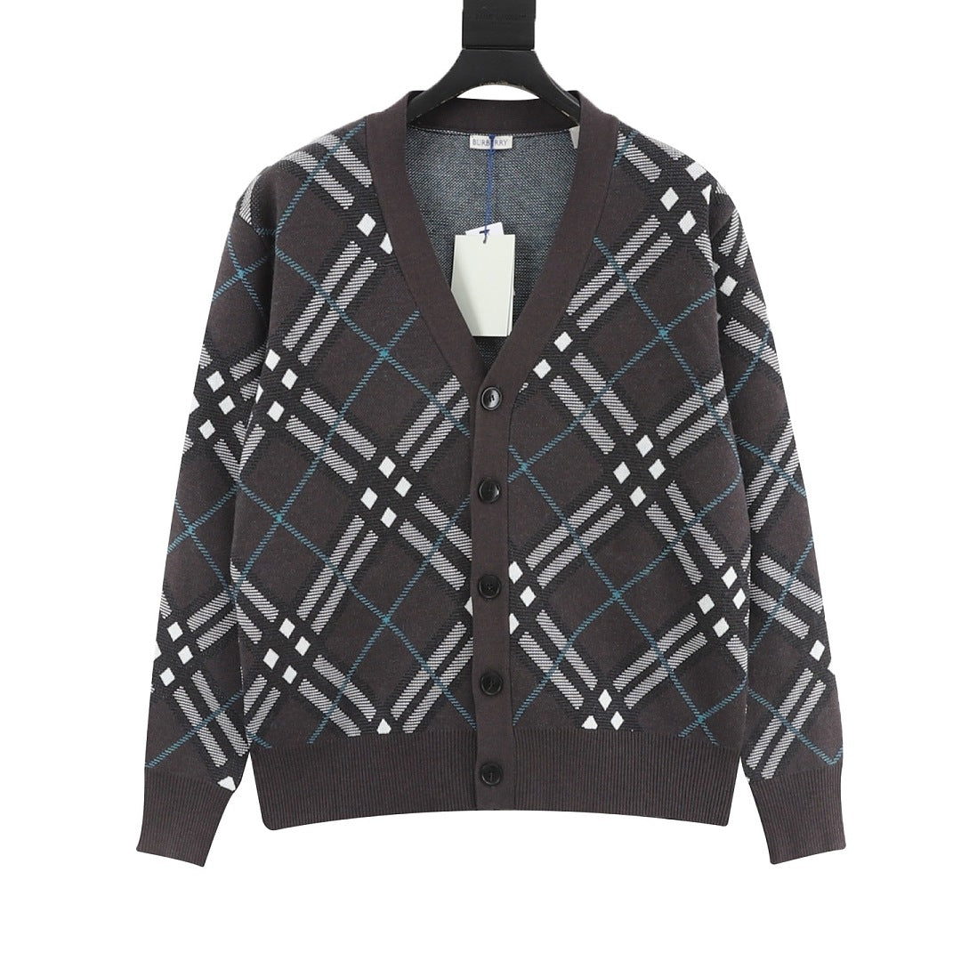 Burberry Charcoal Check V-Neck Knit Cardigan