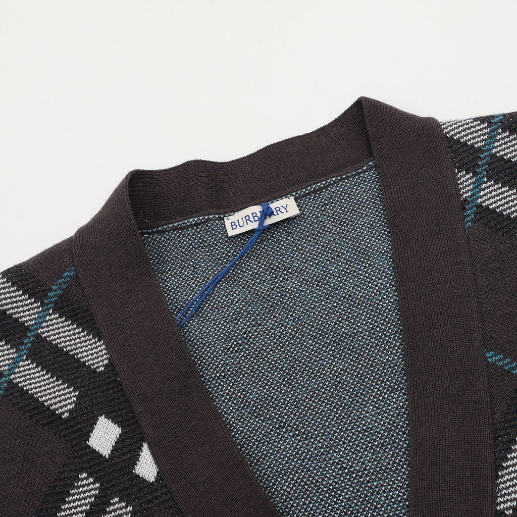 Burberry Charcoal Check V-Neck Knit Cardigan