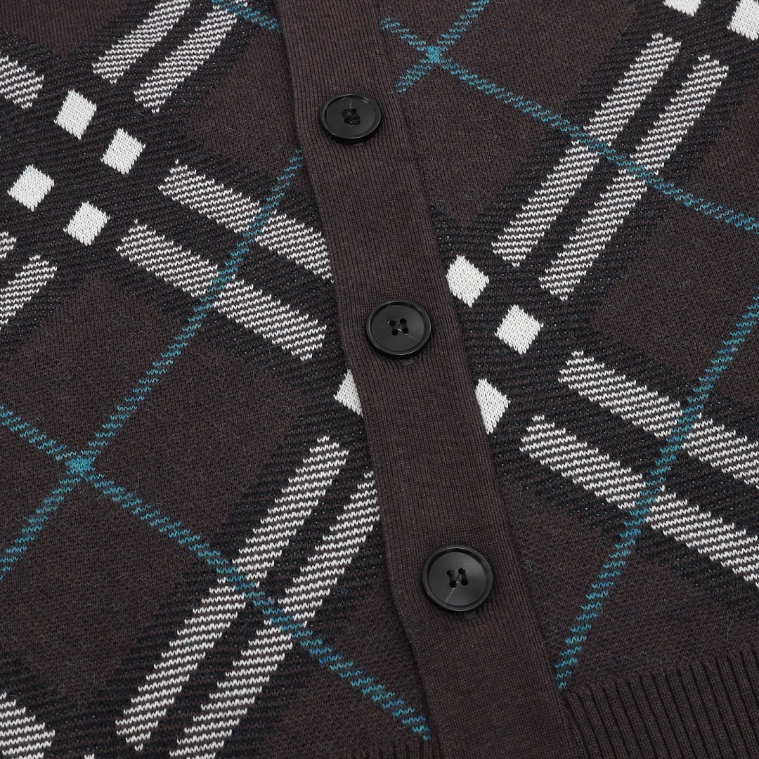 Burberry Charcoal Check V-Neck Knit Cardigan