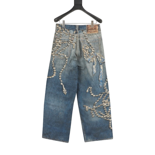 Acne Studios Chain Print Dyed Distressed Denim Trousers