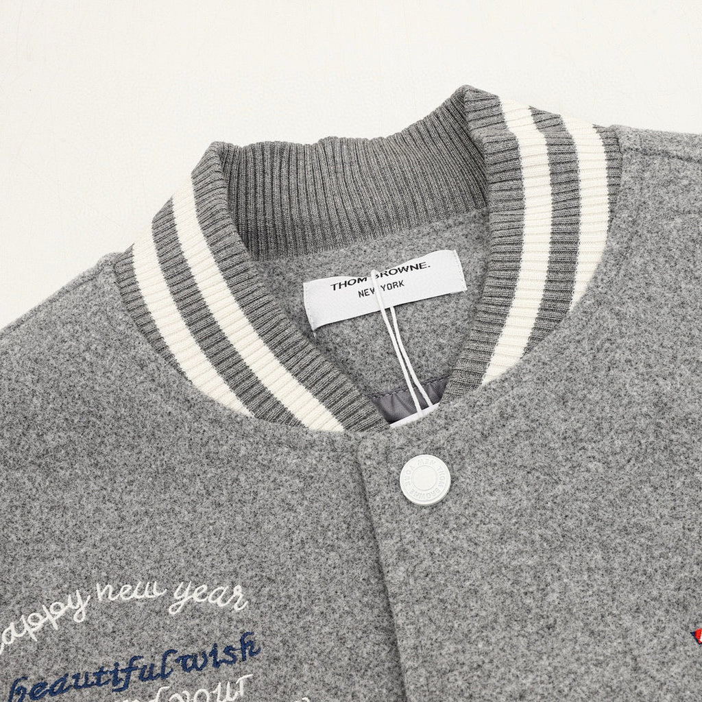 THOM BROWNE Four-Bar Multi-Embroidery Baseball Jacket