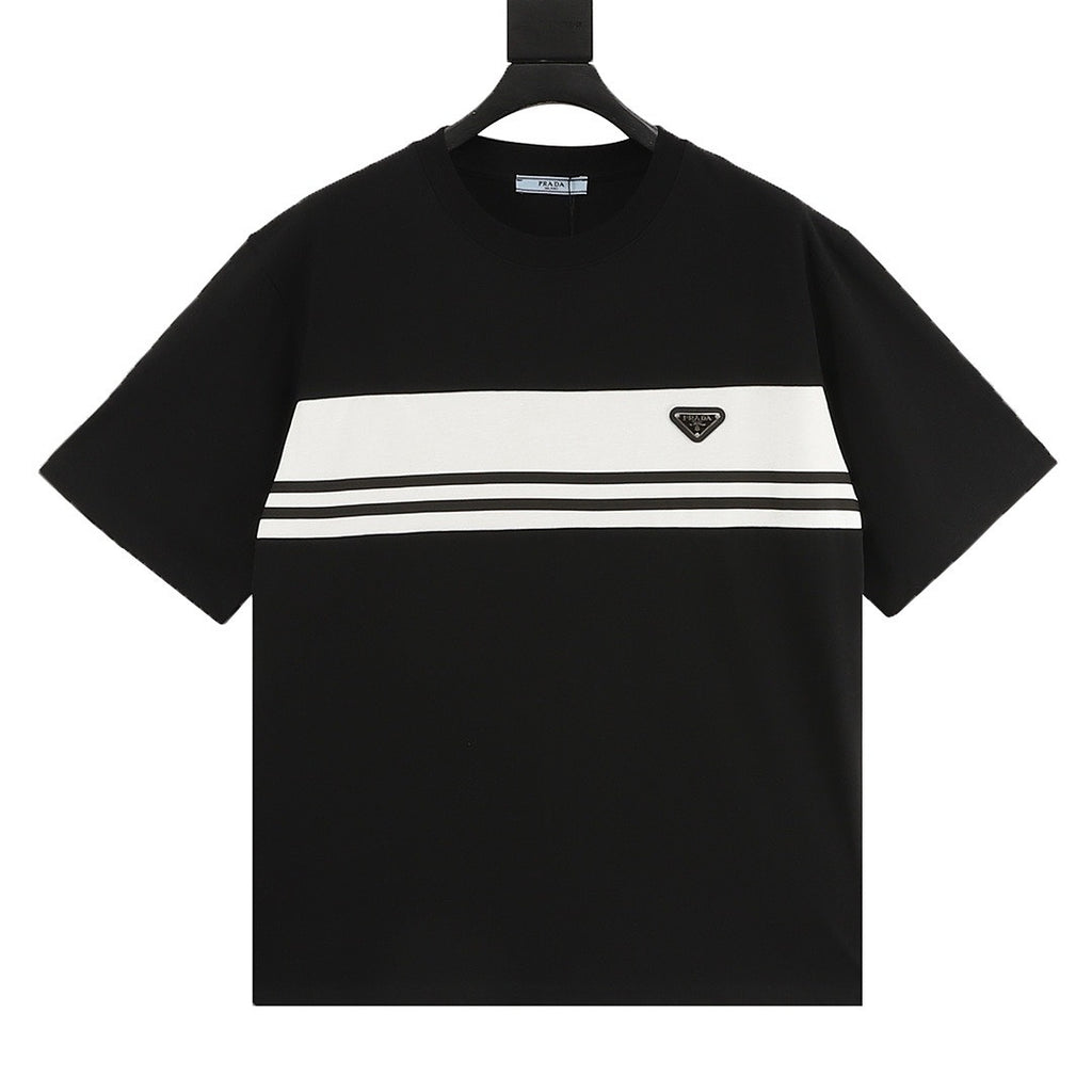 Prada Stripe-Panel Triangle Logo T-Shirt
