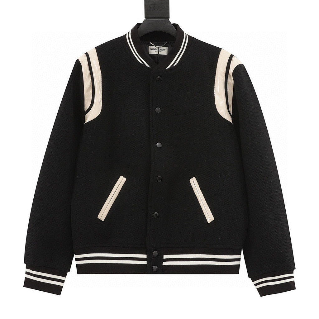 SAINT LAURENT PARIS Classic Leather-Trim Baseball Collar Jacket