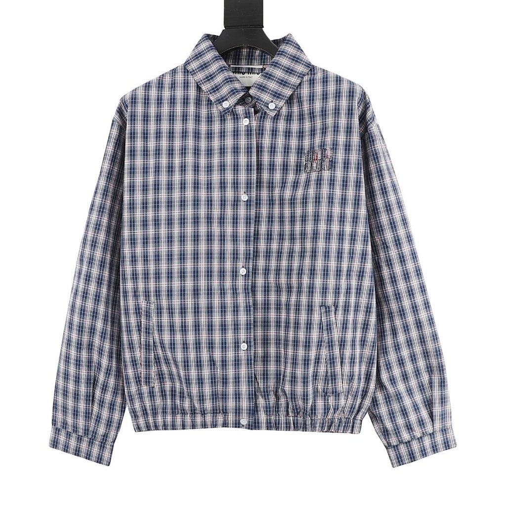 Miu Miu Plaid Check Shirt Jacket Navy Blue