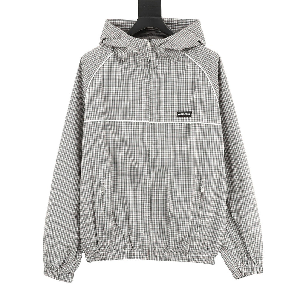 Miu Miu Micro Check Hooded Windbreaker Grey