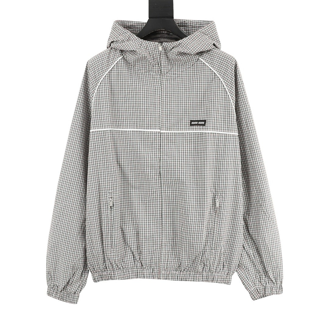 Miu Miu Micro Check Hooded Windbreaker Grey