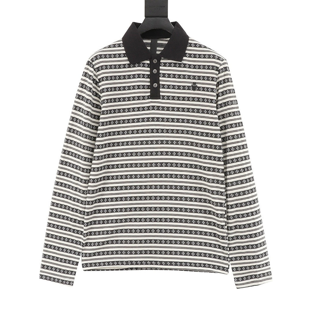 Chrome Hearts Cross Stripe Long-Sleeve Polo Shirt — Black & White