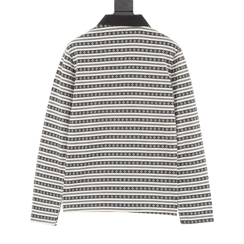 Chrome Hearts Cross Stripe Long-Sleeve Polo Shirt — Black & White