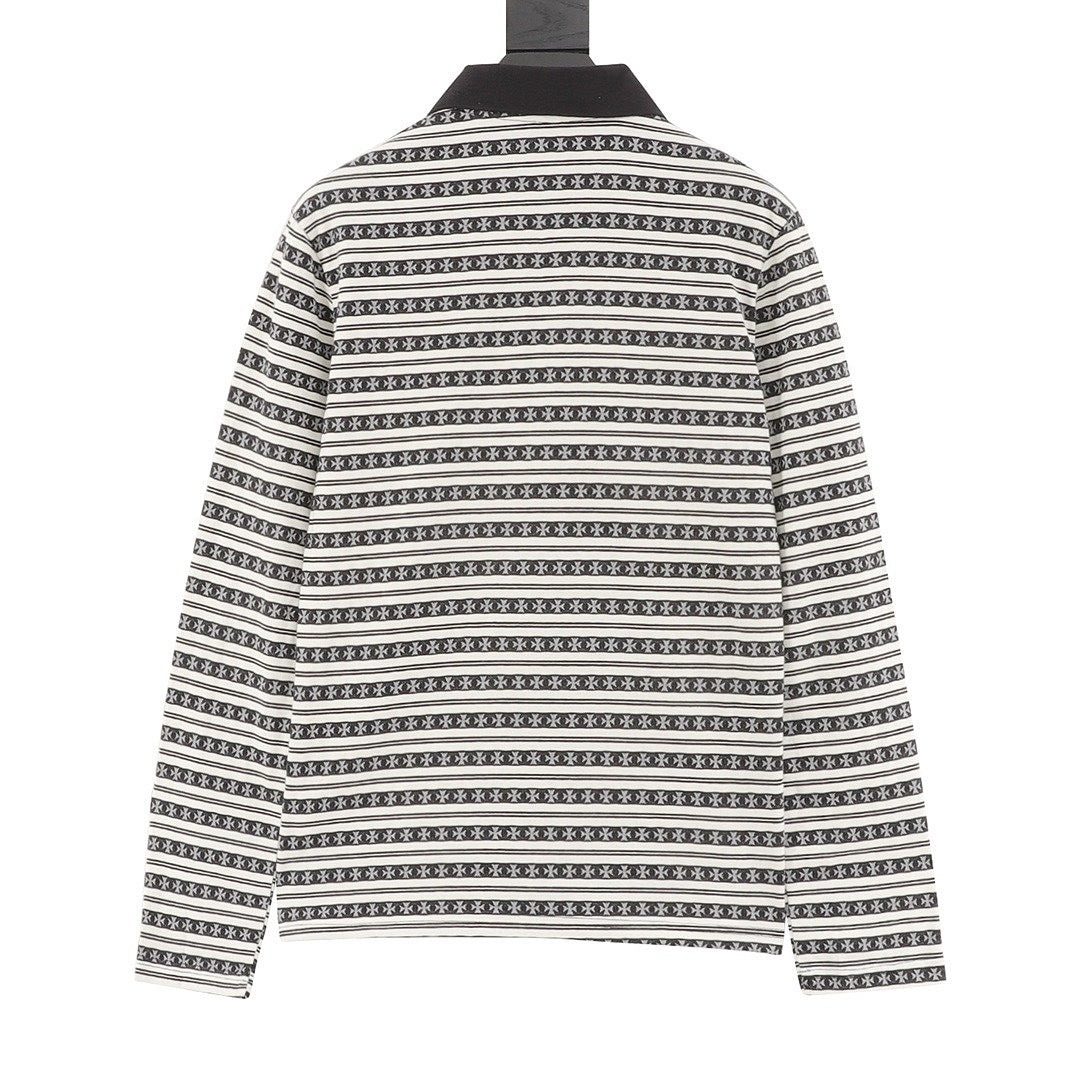 Chrome Hearts Cross Stripe Long-Sleeve Polo Shirt — Black & White