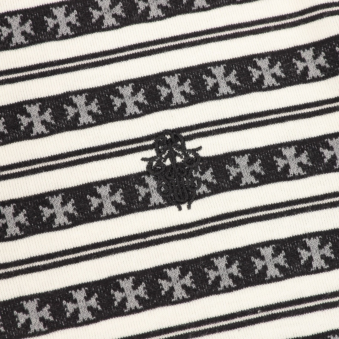 Chrome Hearts Cross Stripe Long-Sleeve Polo Shirt — Black & White