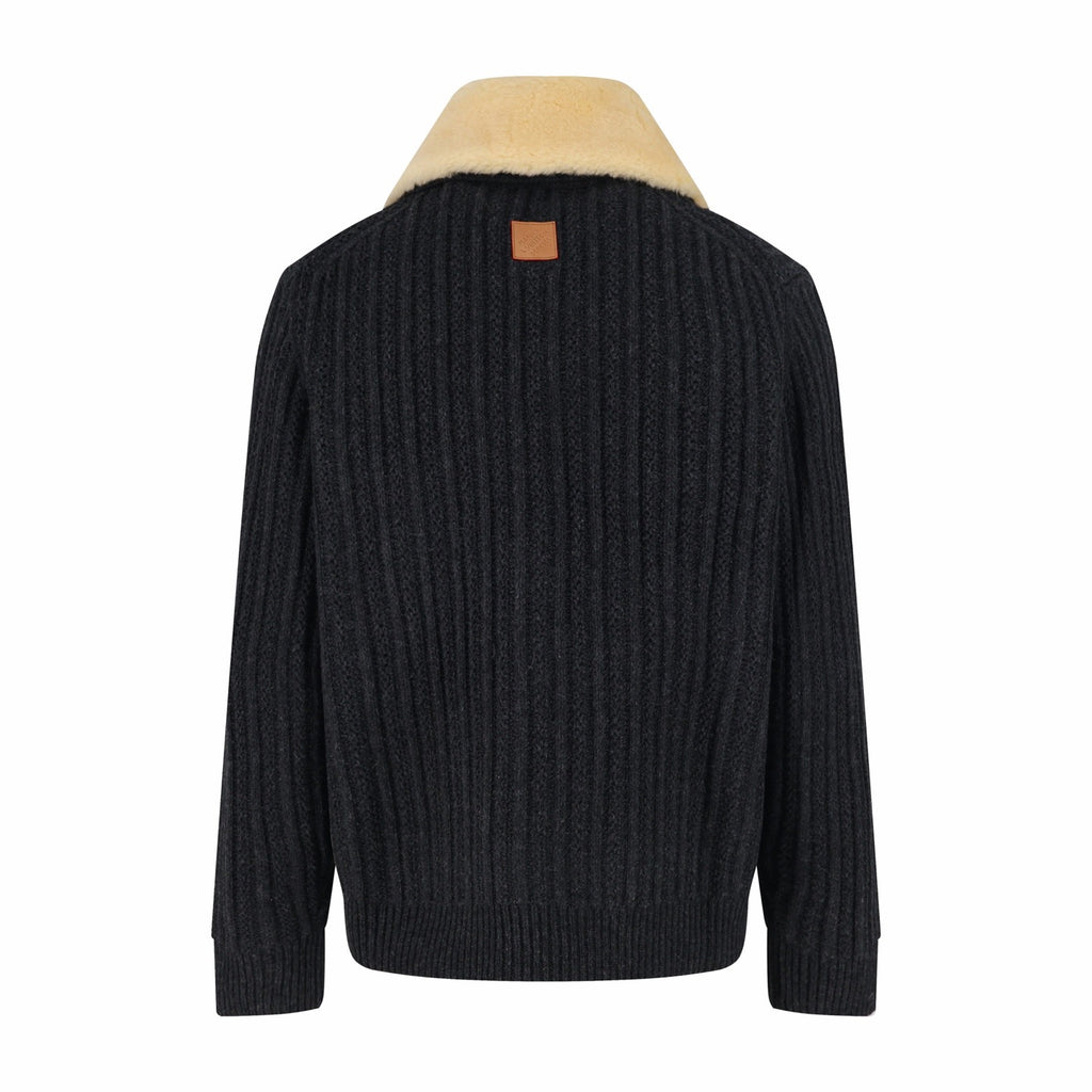 LOUIS VUITTON Shearling Collar Ribbed Knit Bomber Jacket