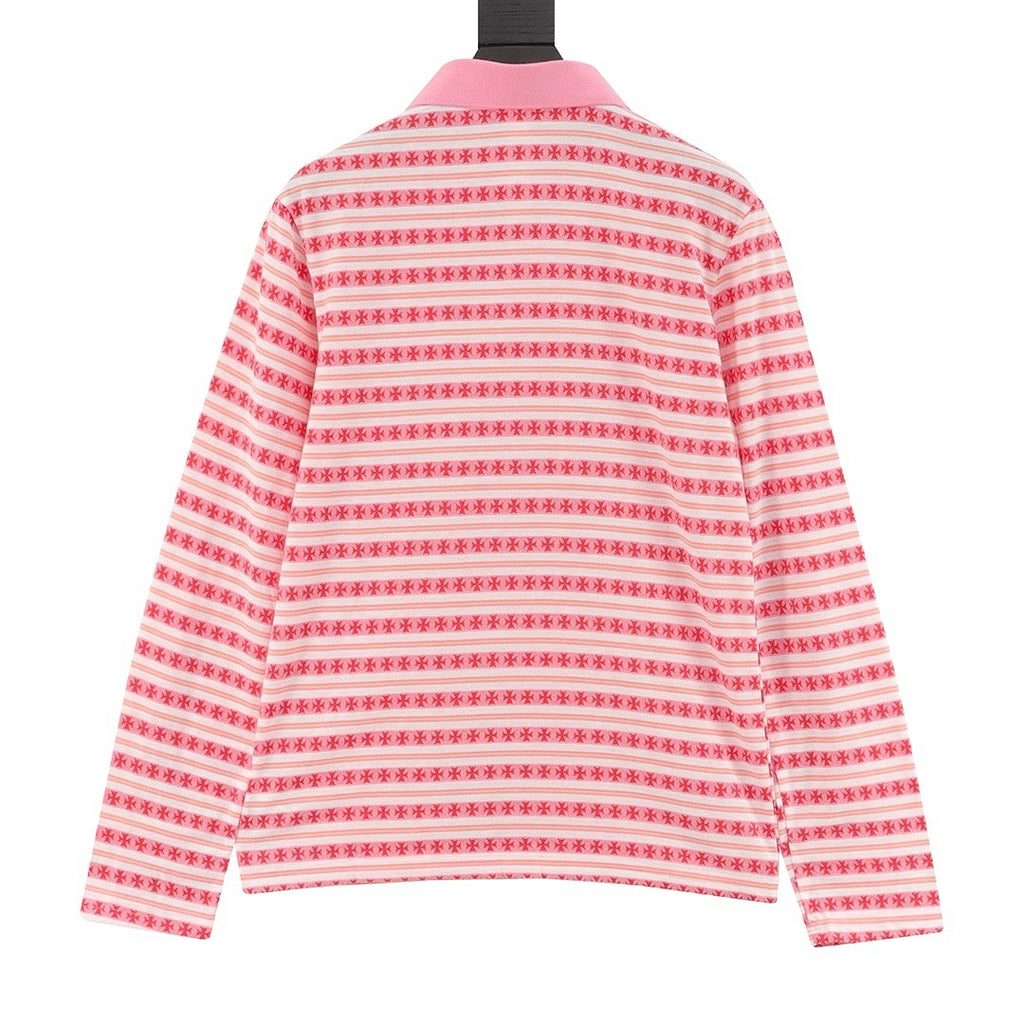 Chrome Hearts Cross Stripe Long-Sleeve Polo Shirt —Pink