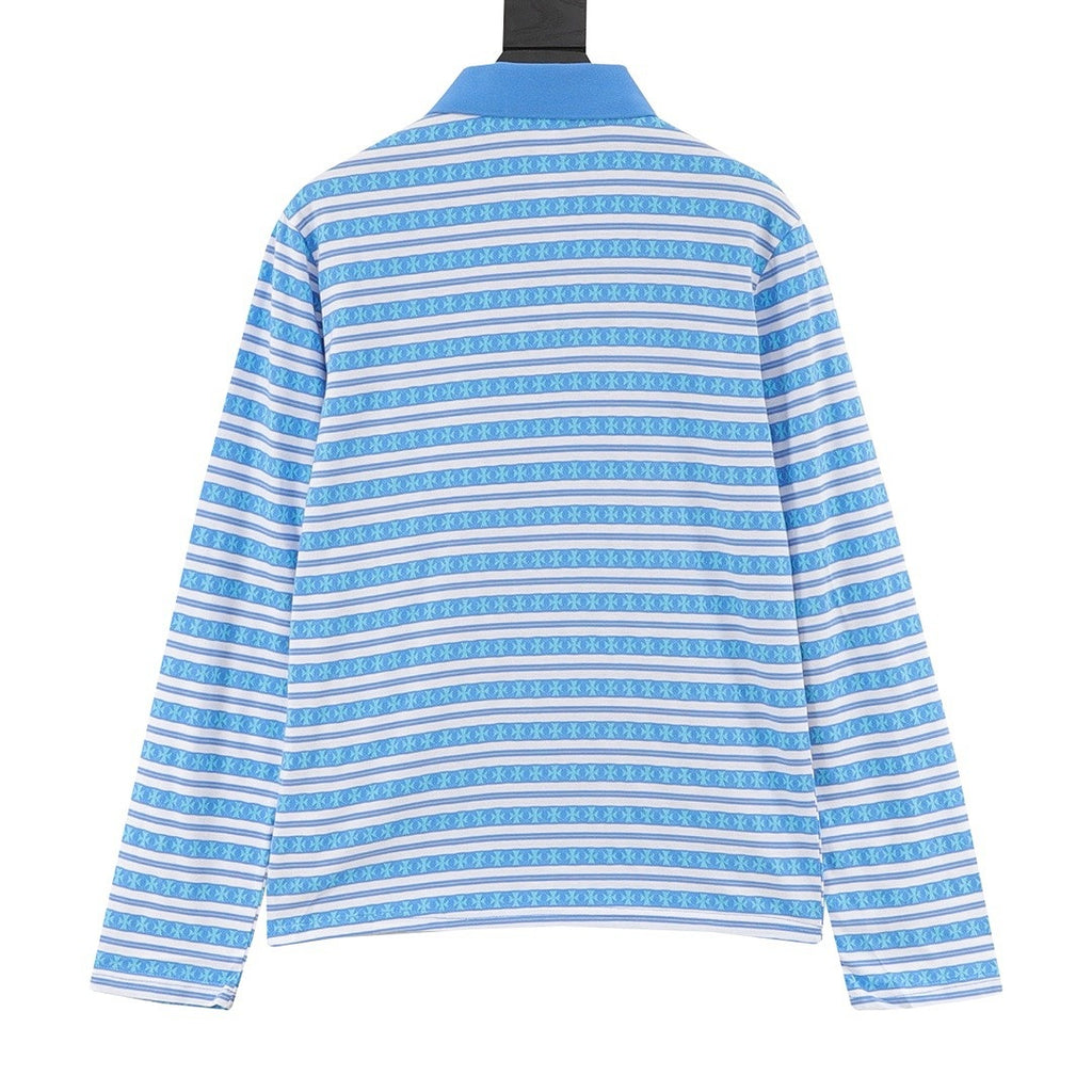 Chrome Hearts Cross Stripe Long-Sleeve Polo Shirt — Blue