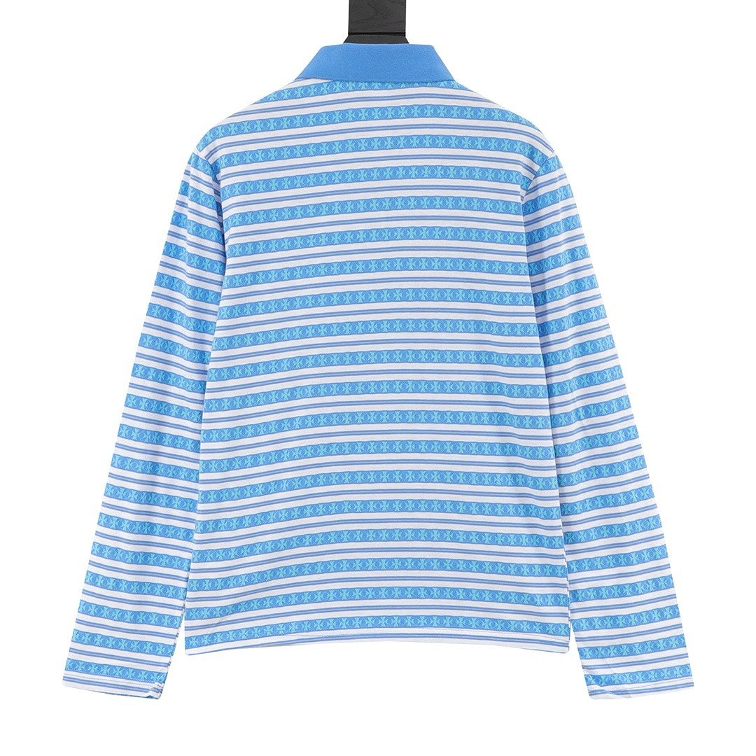 Chrome Hearts Cross Stripe Long-Sleeve Polo Shirt — Blue