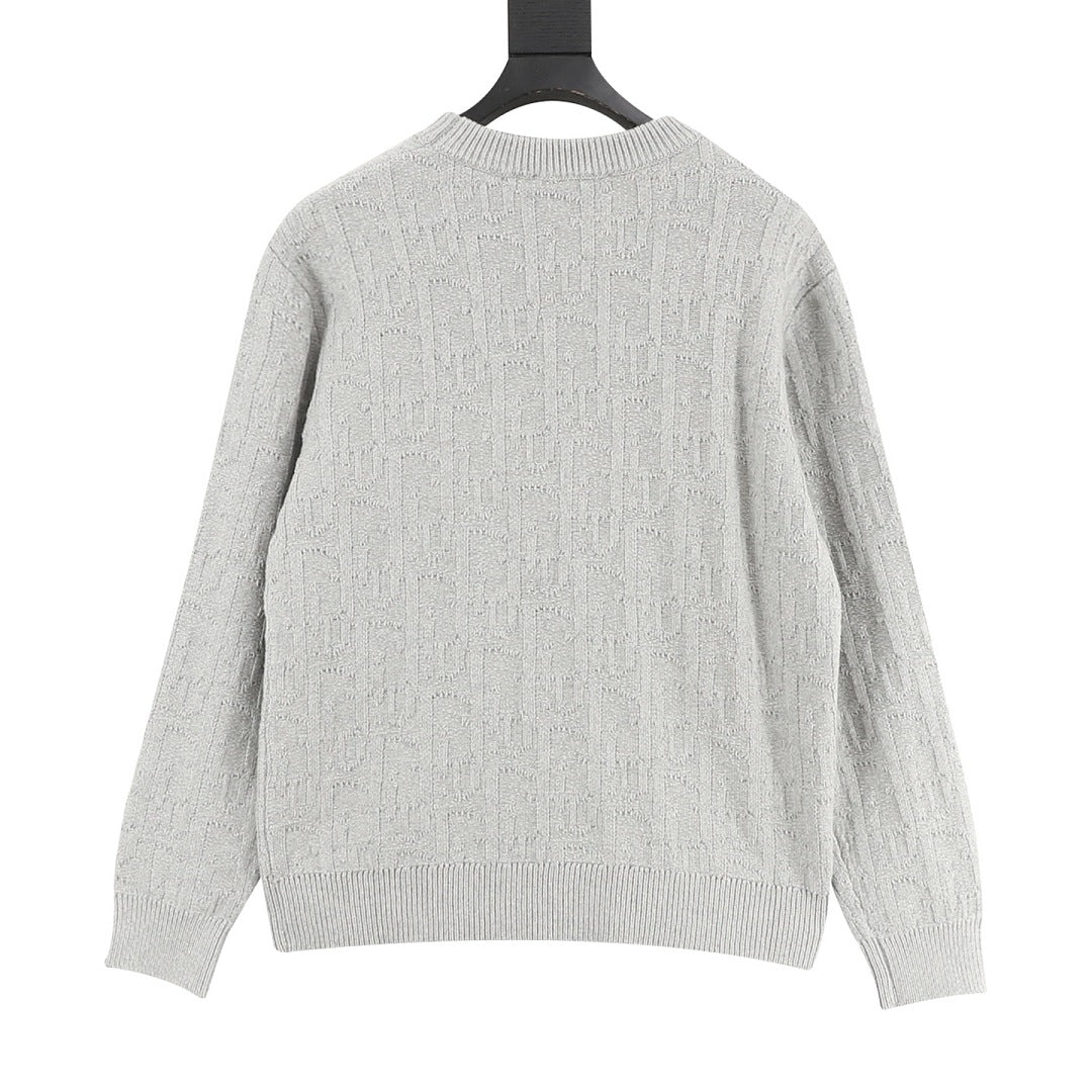Dior CD Oblique Jacquard Crewneck Sweater — Light Grey