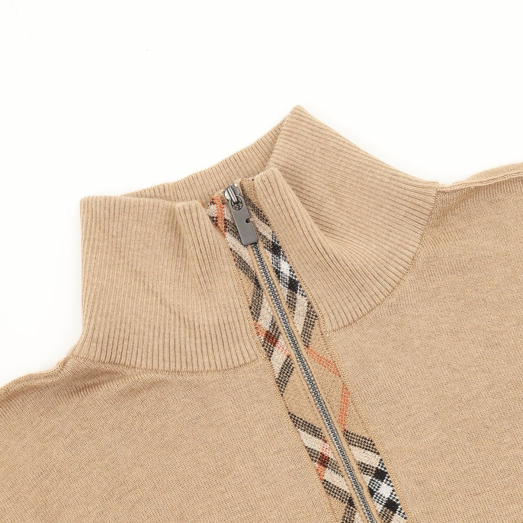 Burberry Vintage Check Half-Zip Knit Sweater — Camel