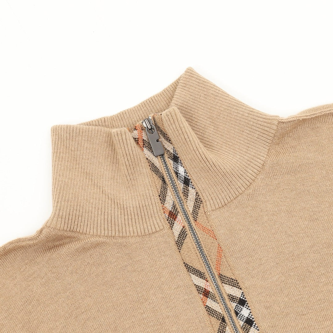 Burberry Vintage Check Half-Zip Knit Sweater — Camel