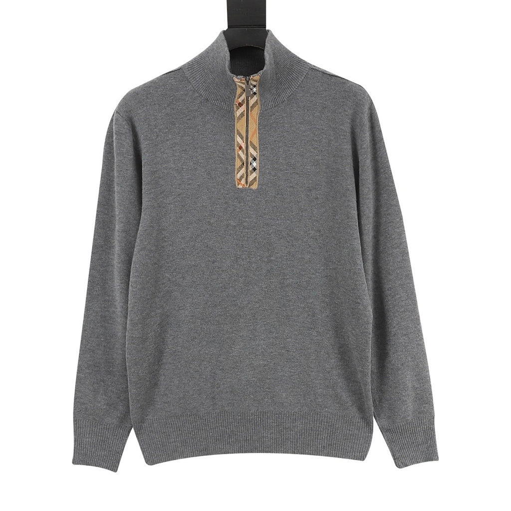 Burberry Vintage Check Half-Zip Knit Sweater — Grey Melange