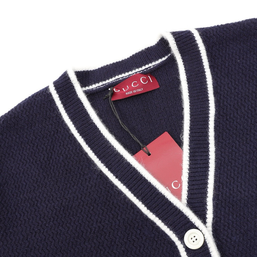 Gucci Navy Blue Contrast-Trim Cardigan
