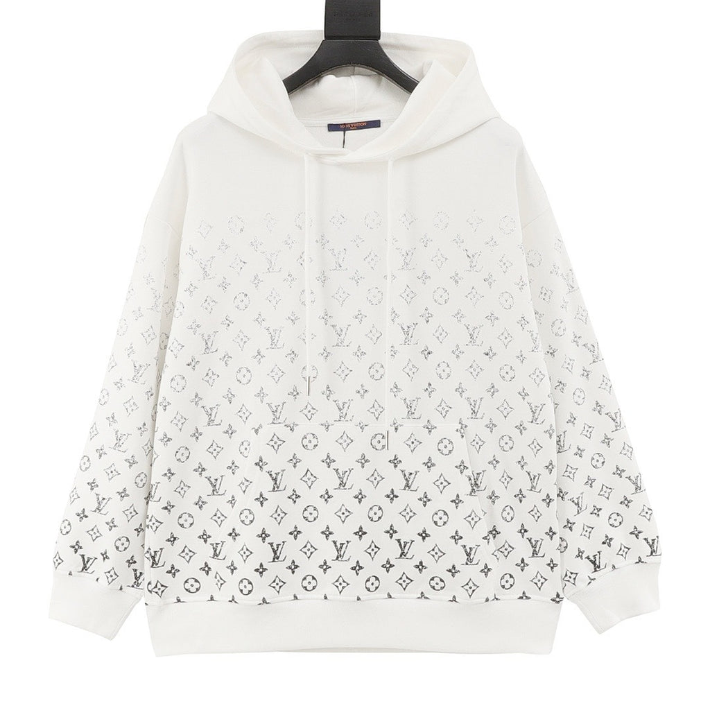 White Louis Vuitton hoodie with gradient Monogram pattern, drawstring hood, and kangaroo pocket