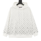White Louis Vuitton hoodie with gradient Monogram pattern, drawstring hood, and kangaroo pocket