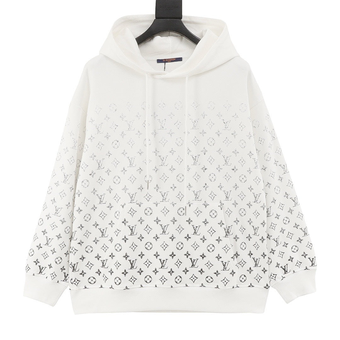 White Louis Vuitton hoodie with gradient Monogram pattern, drawstring hood, and kangaroo pocket