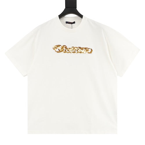 Louis Vuitton SS26 Gold Sequin Handwritten Lettering Embroidered T-Shirt