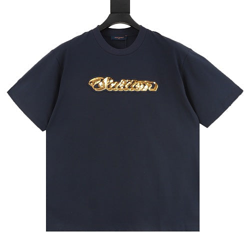 Louis Vuitton SS26 Gold Sequin Handwritten Lettering Embroidered T-Shirt