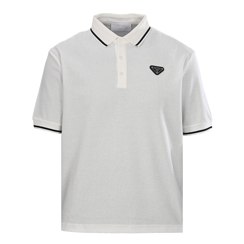 PRADA Short-Sleeve Polo Shirt with Black Stripe Detail