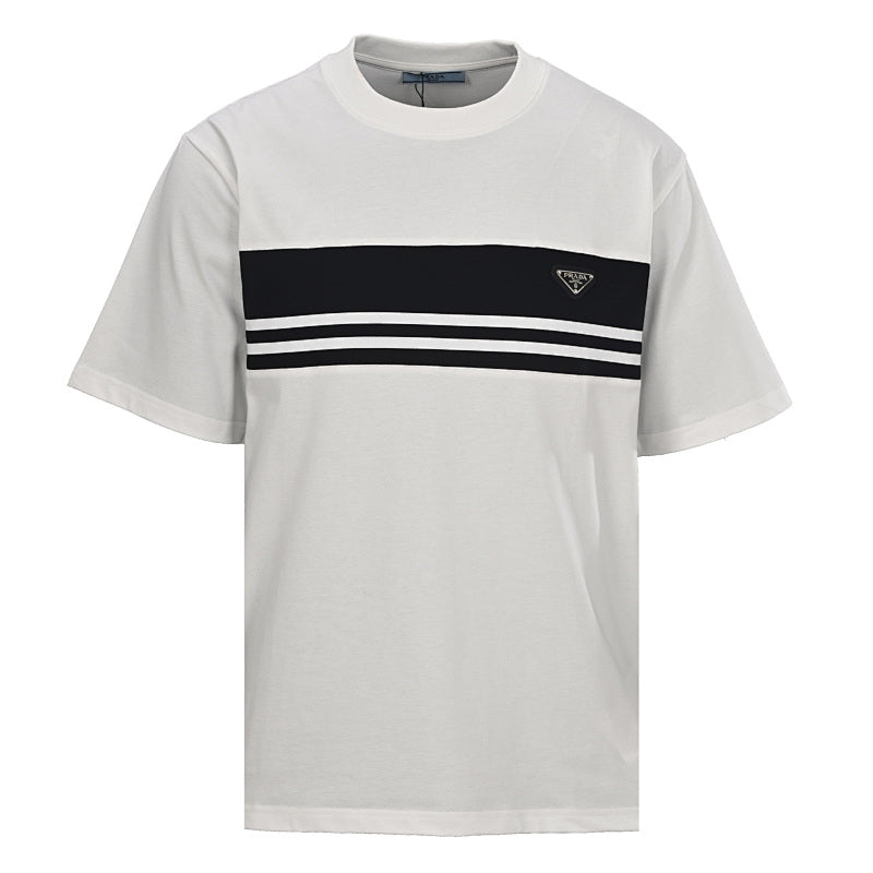 Prada Striped Panel T-Shirt with Triangle Logo