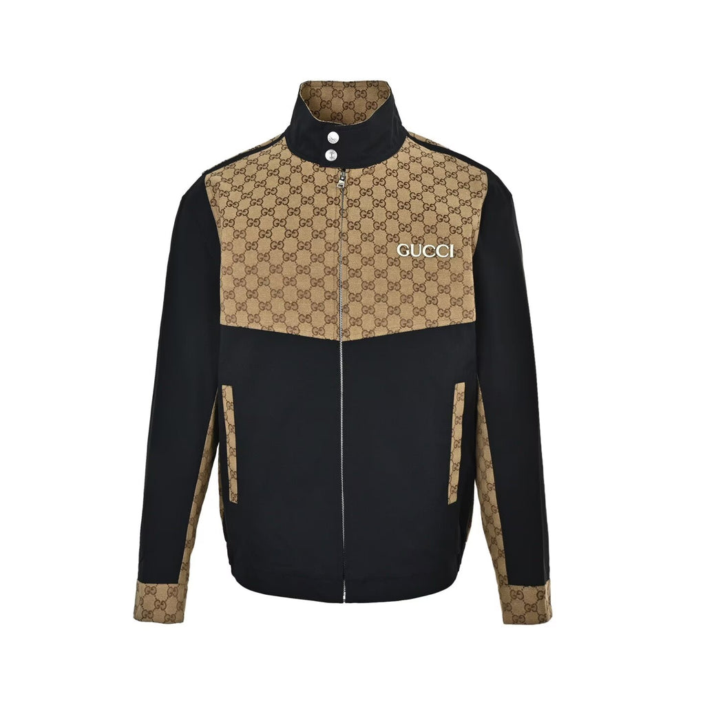 Gucci Camel All-Over Monogram Harrington Jacket with Ribbed Cuffs