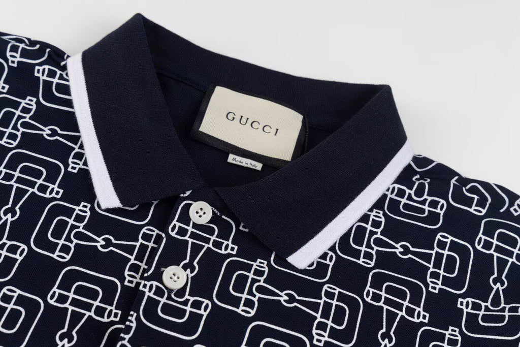 Gucci Horsebit Print Polo Shirt | Navy & White