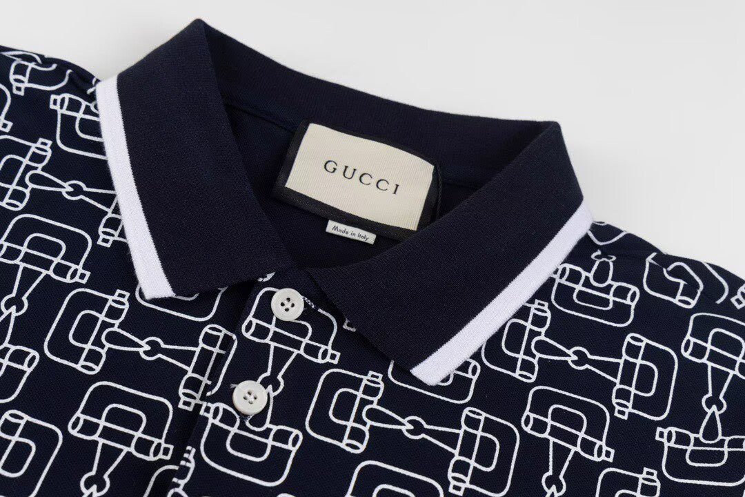 Gucci Horsebit Print Polo Shirt | Navy & White
