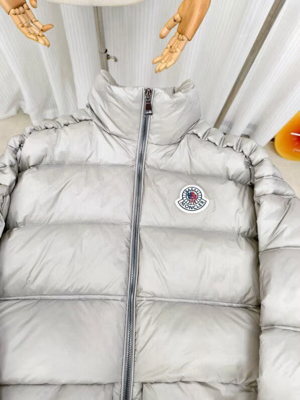 Moncler Classic Badge Short Down Jacket — Silver Grey