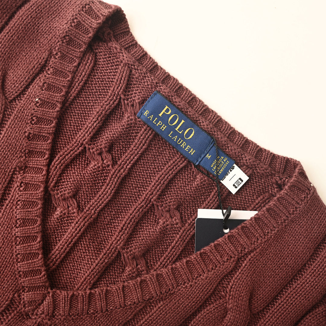 Ralph Lauren Cable-Knit V-Neck Sweater - Burgundy - view 9